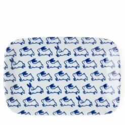 Blue and white rabbit design trinket tray or snack plate made in Japan available through Miya.