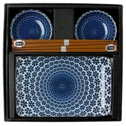 Blue and white snow pattern sushi for two set made in Japan available at Miya.