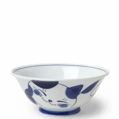 Blue cats on a ceramic ramen noodle bowl made in Japan available at Miya.