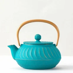 Cast Iron Teapot Teal Wave Gold Handle