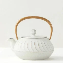 Cast Iron Teapot White Wave Gold Handle