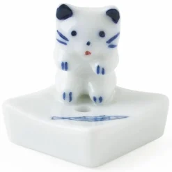 Ceramic Blue and White Cat Fish Incense Holder Made in Japan.