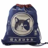 Drawstring Tote Bag Cat Navy