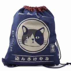 Drawstring Tote Bag Cat Navy
