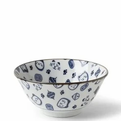 Maneki Neko Fortune Cat Pattern Blue and White Bowl Made in Japan Available at Miya.