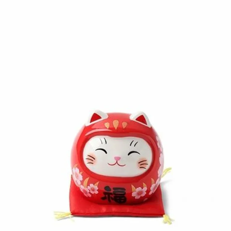 Red ceramic fortune cat dressed as a daruma for double the luck made in Japan.