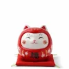 Red ceramic fortune cat dressed as a daruma for double the luck made in Japan.