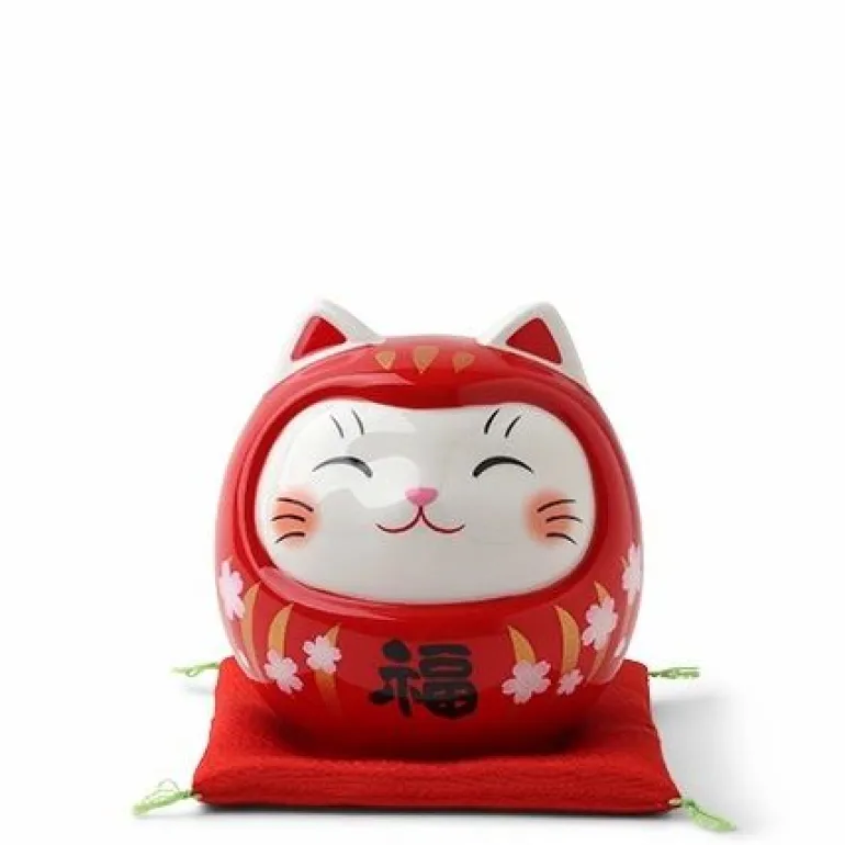 Red ceramic fortune cat dressed as a daruma for double the luck made in Japan.